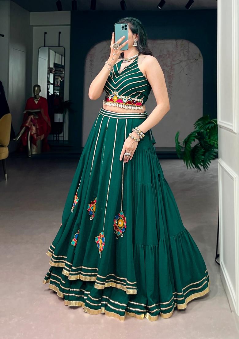 Bottle Green Embroidered Marble Lehenga Set - Indya