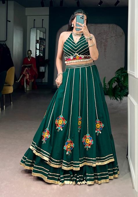 Bottle Green Embroidered Marble Chaniya Choli Set For Navratri And Garba