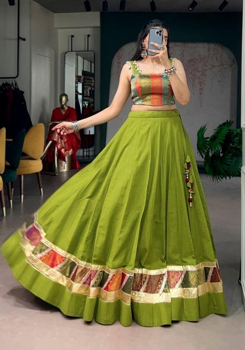 Parrot Green Zari Work Cotton Chaniya Choli Set For Navratri And Garba