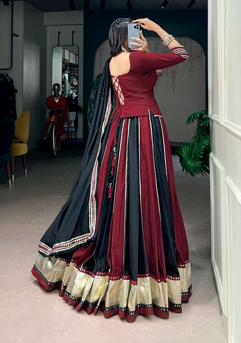 Maroon Lace Work Chinon Chaniya Choli Set For Navratri And Garba - Indya