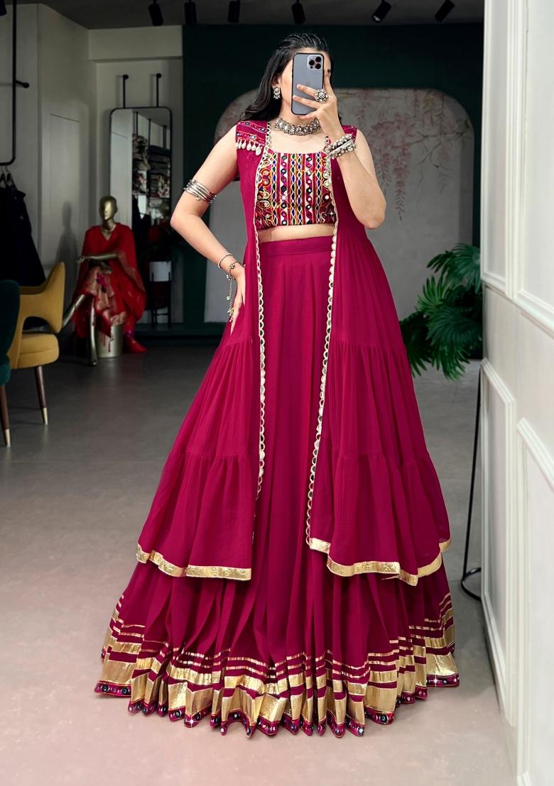 Pink Gamthi Work Marble Lehenga Set - Indya