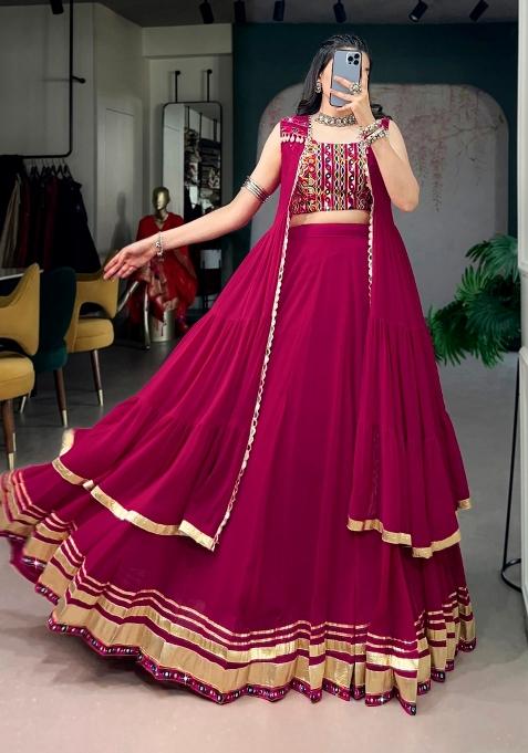 Pink Gamthi Work Marble Chaniya Choli Set For Navratri And Garba