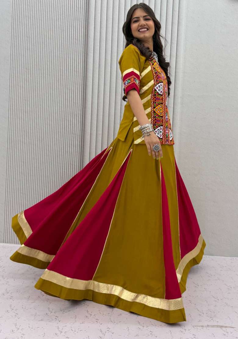 Mustard Cotton Chaniya Choli Set For Navratri And Garba for Diwali and Festive Wear - Indya