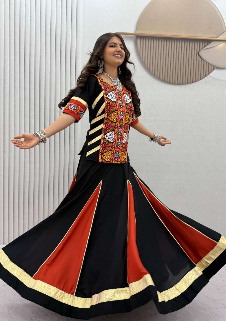 Black Cotton Chaniya Choli Set For Navratri And Garba for Diwali | Wedding & Festive Wear - Indya