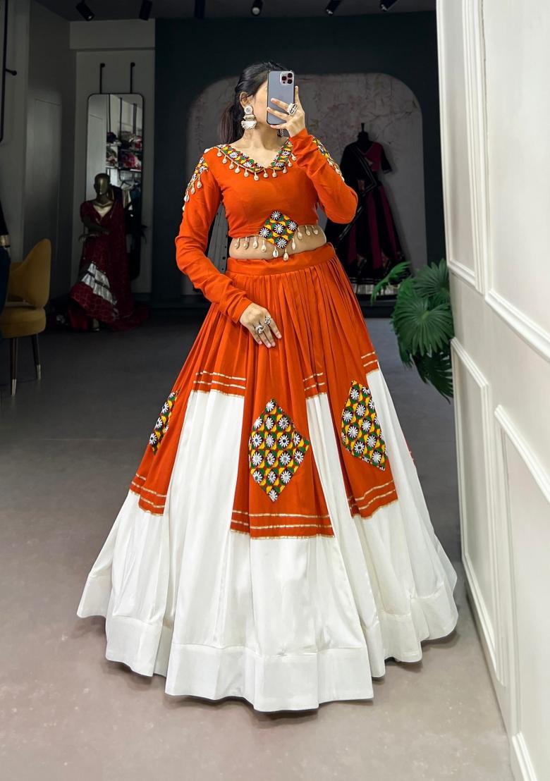 Orange Gamthi Work Rayon Lehenga Set - Indya