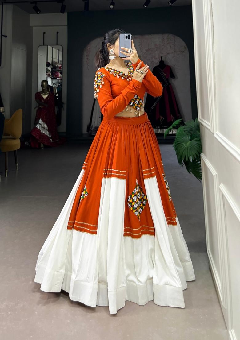 Orange Gamthi Work Rayon Lehenga Set - Indya