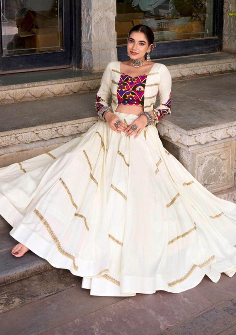 White Gamthi Work Rayon Lehenga Set - Indya