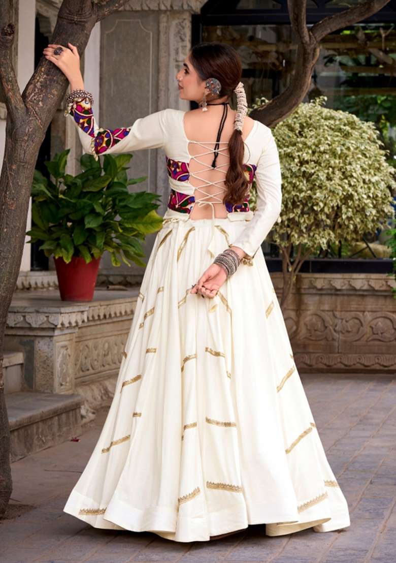 White Gamthi Work Rayon Lehenga Set - Indya