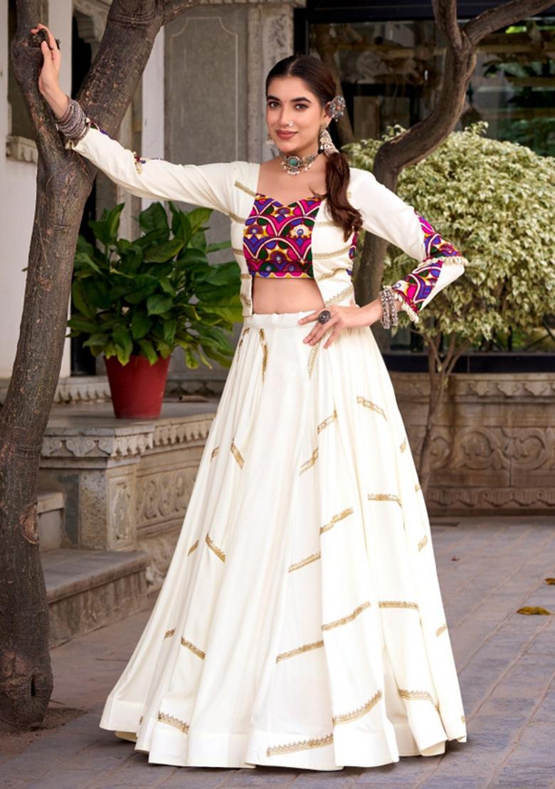 White Gamthi Work Rayon Lehenga Set - Indya