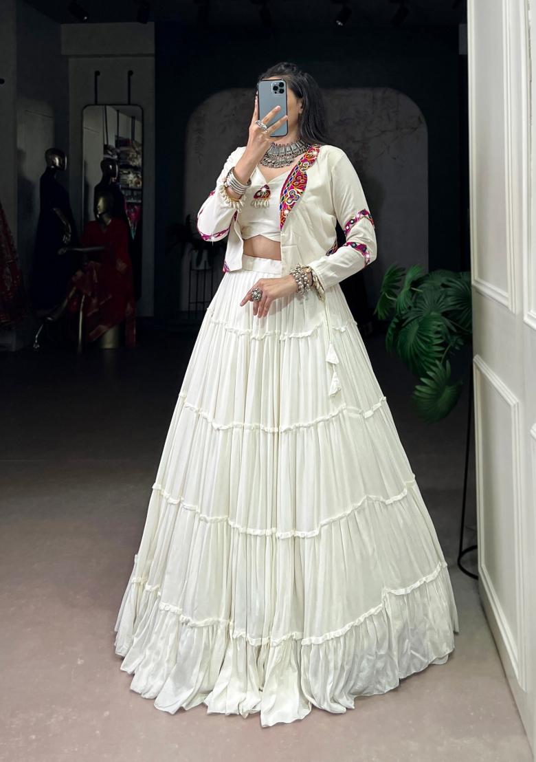 White Gamthi Work Rayon Lehenga Set - Indya