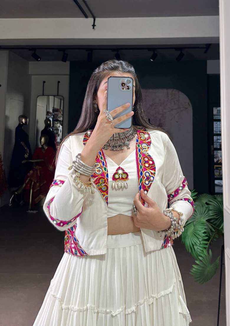 White Gamthi Work Rayon Lehenga Set for Diwali | Wedding & Festive Wear - Indya