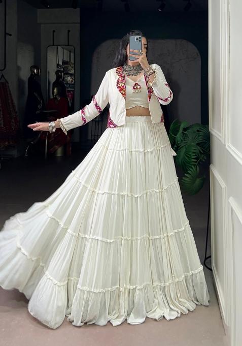 White Gamthi Work Rayon Lehenga Set