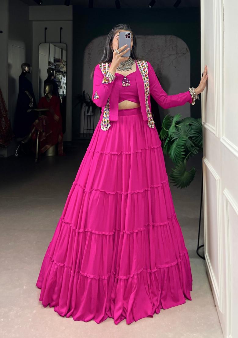 Pink Gamthi Work Rayon Lehenga Set - Indya