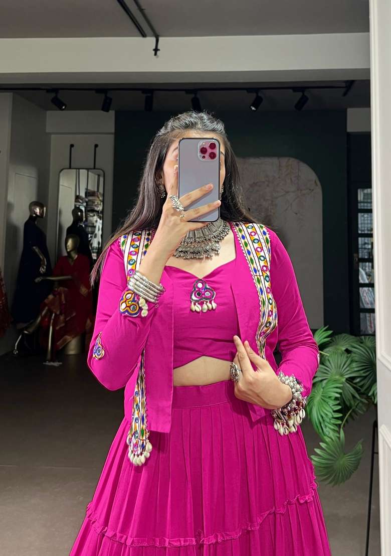 Pink Gamthi Work Rayon Lehenga Set for Diwali and Festive Wear - Indya