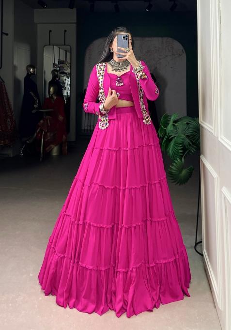 Pink Gamthi Work Rayon Lehenga Set
