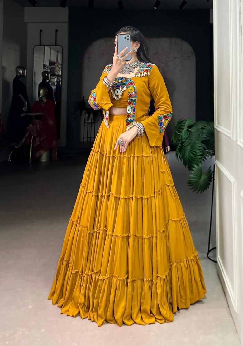 Mustard Gamthi Work Rayon Lehenga Set - Indya