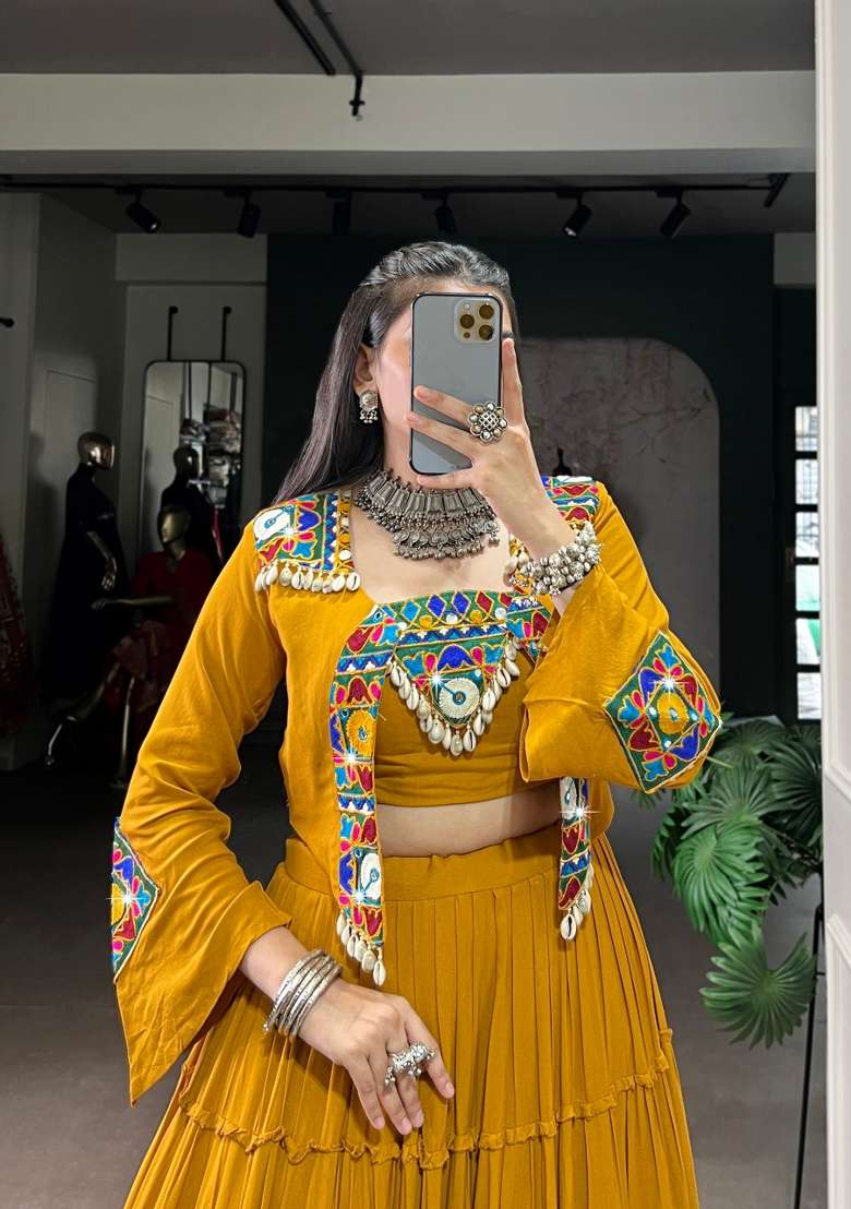 Mustard Gamthi Work Rayon Lehenga Set for Diwali and Festive Wear - Indya