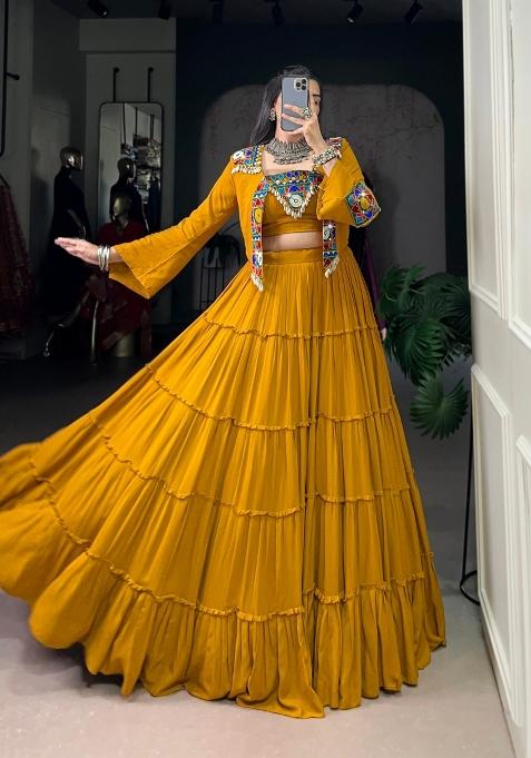 Mustard Gamthi Work Rayon Lehenga Set