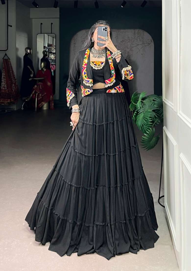 Black Gamthi Work Rayon Lehenga Set for Diwali | Wedding & Festive Wear - Indya