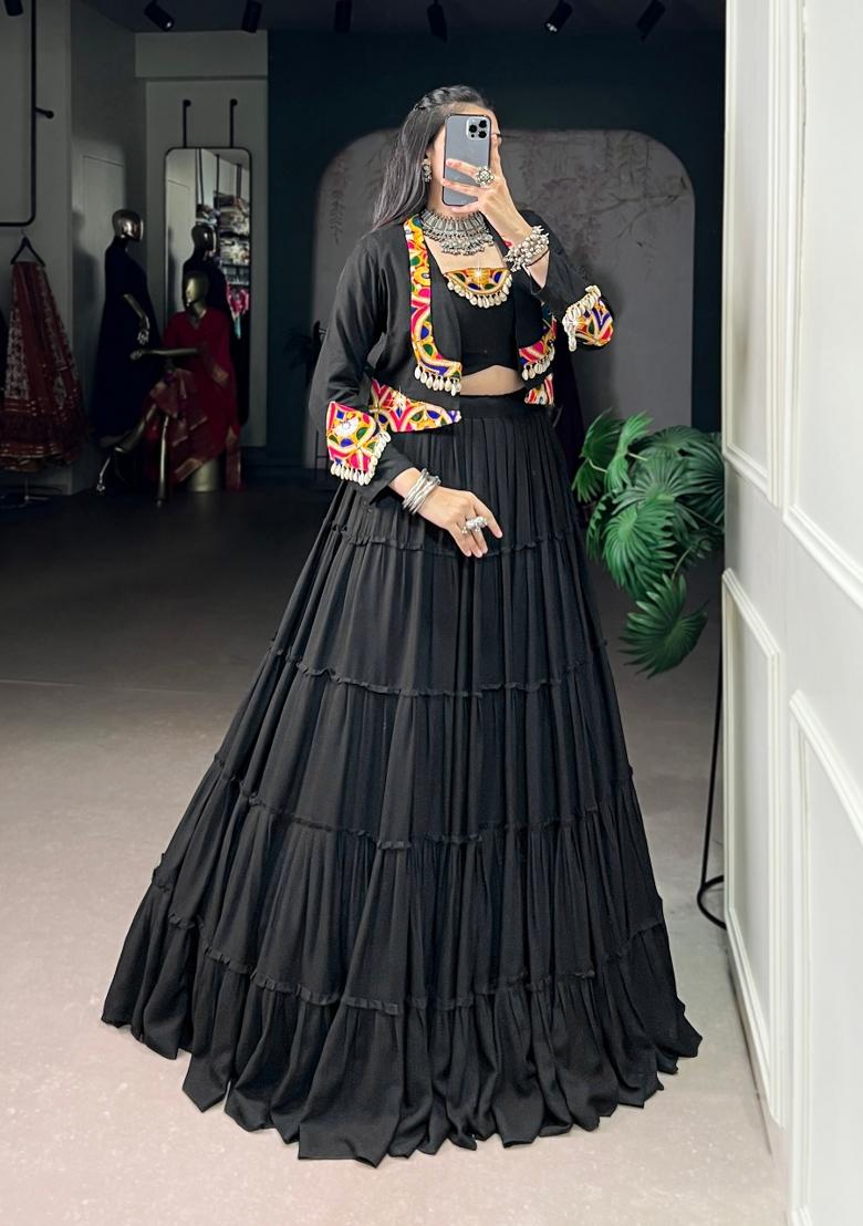 Black Gamthi Work Rayon Lehenga Set - Indya