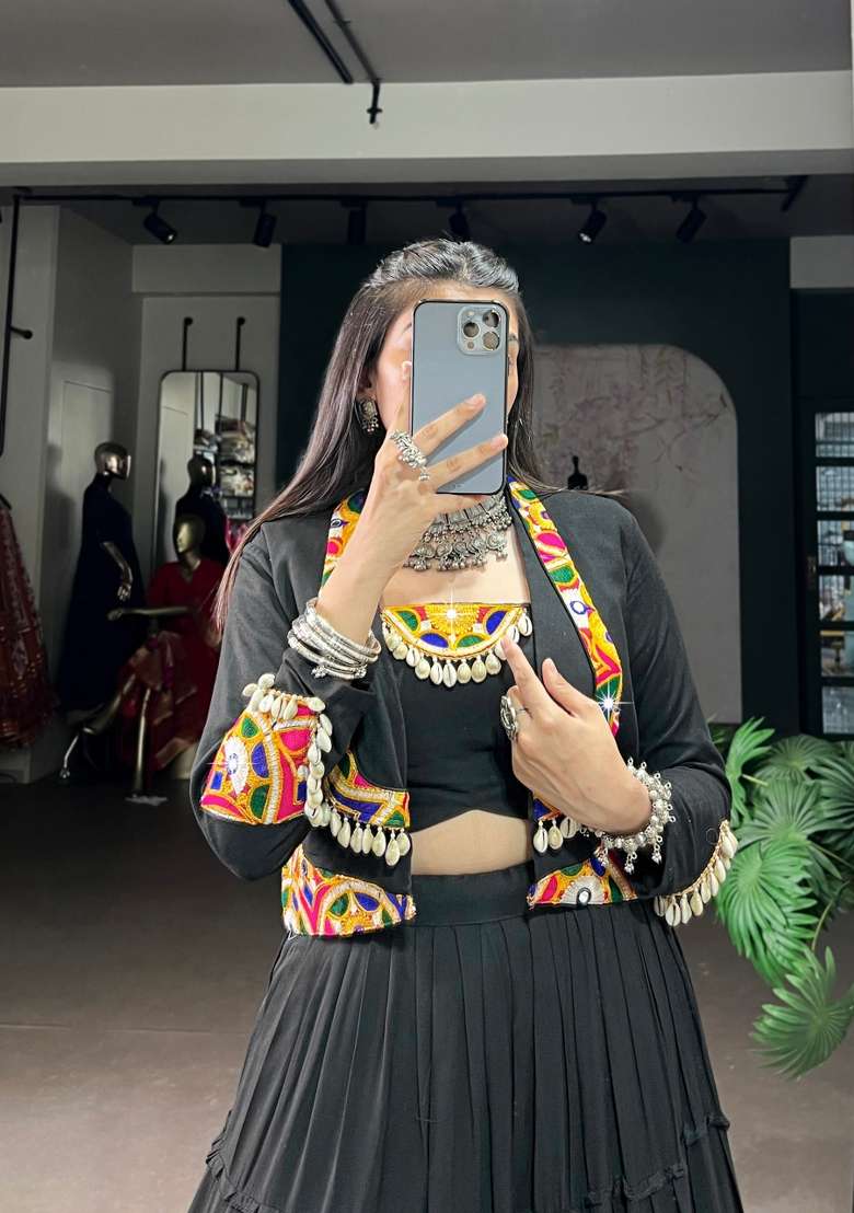 Black Gamthi Work Rayon Lehenga Set for Diwali | Wedding & Festive Wear - Indya
