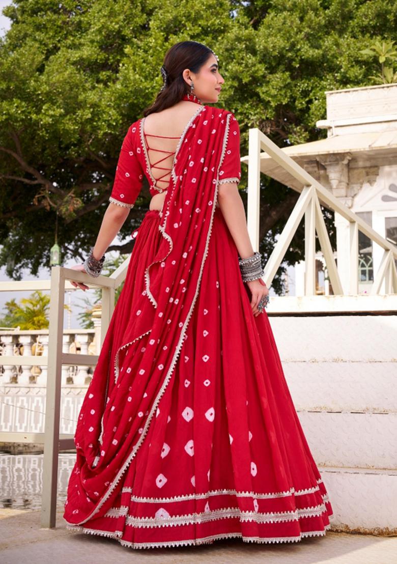 Red Printed Chanderi Lehenga Set - Indya