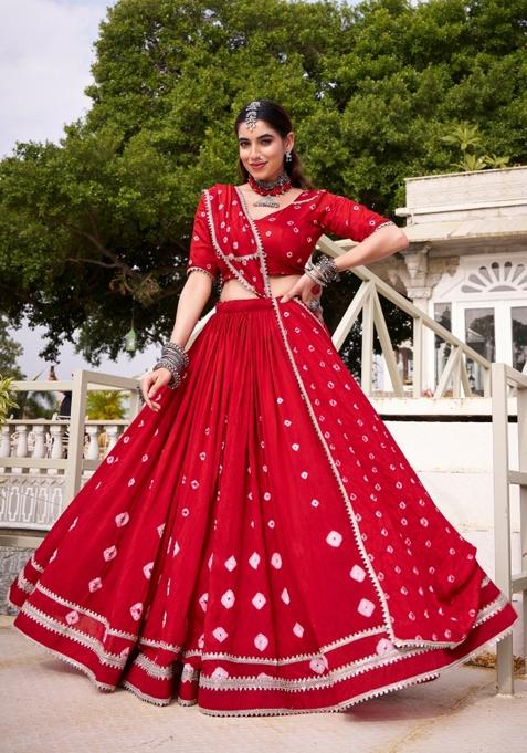 Red Printed Chanderi Lehenga Set