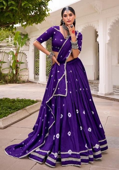 Navy Blue Printed Chanderi Lehenga Set