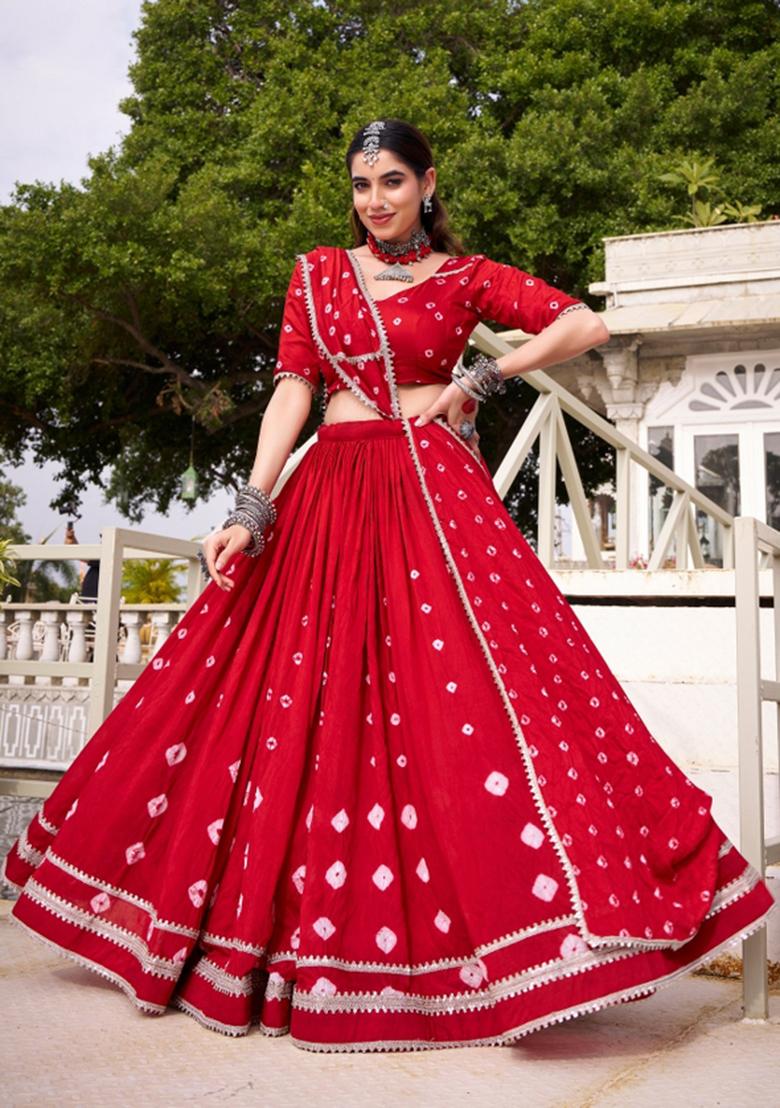 Red Printed Chanderi Lehenga Set - Indya