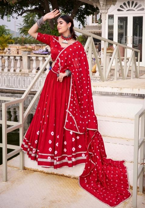 Red Printed Chanderi Chaniya Choli Set For Navratri And Garba