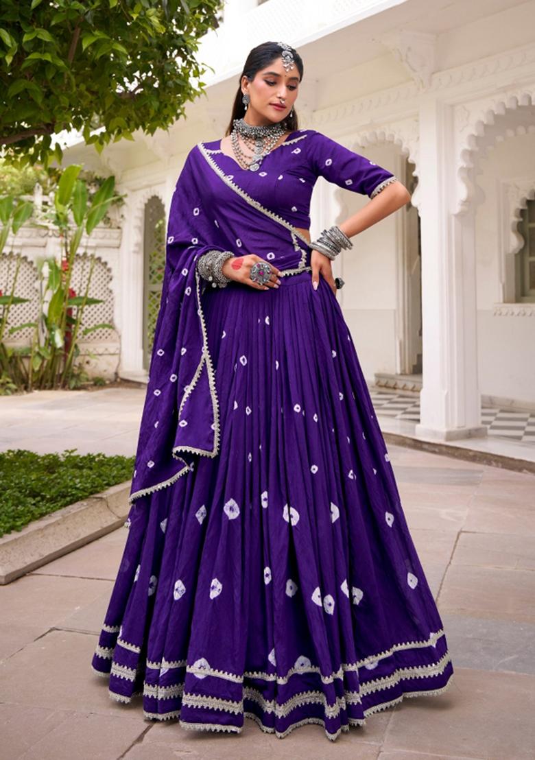 Purple Printed Chanderi Lehenga Set - Indya