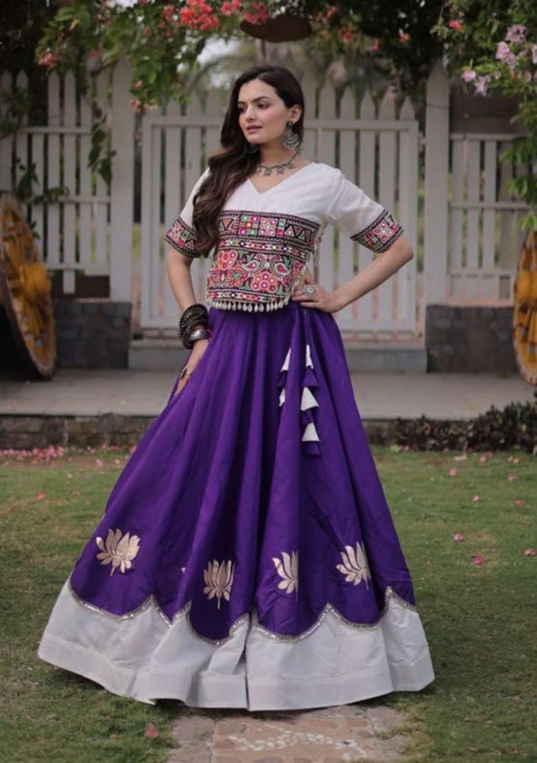 Purple Embroidered Roman Chaniya Choli Set For Navratri And Garba - Indya