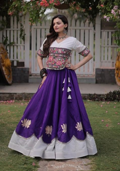 Purple Embroidered Roman Chaniya Choli Set For Navratri And Garba