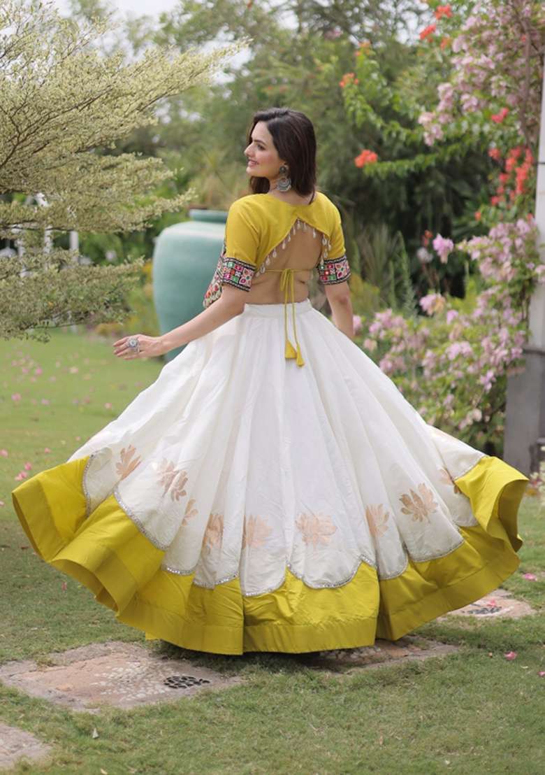 White Embroidered Roman Chaniya Choli Set For Navratri And Garba - Indya
