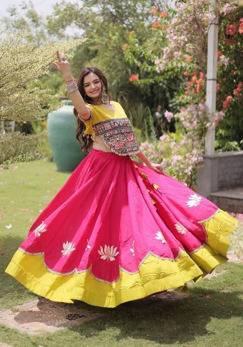 Pink Embroidered Roman Chaniya Choli Set For Navratri And Garba