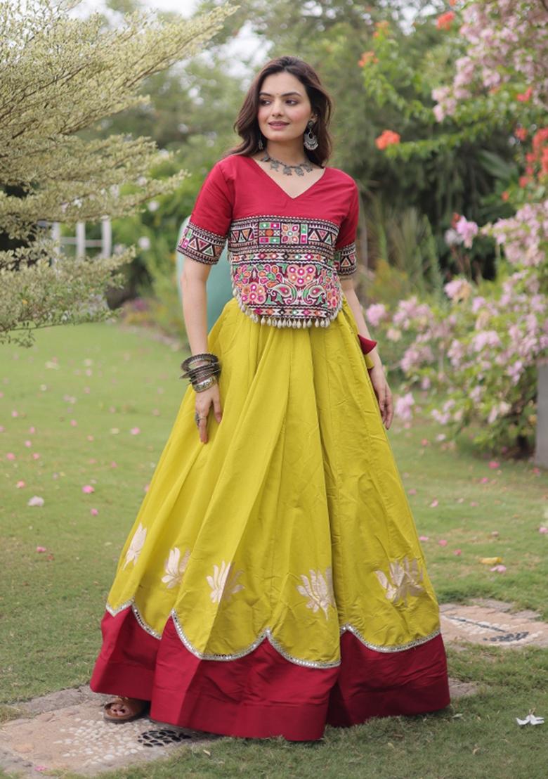 Olive Green Embroidered Roman Lehenga Set - Indya