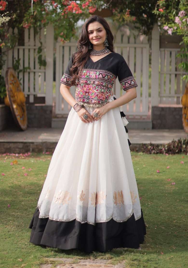 White Embroidered Roman Chaniya Choli Set For Navratri And Garba - Indya