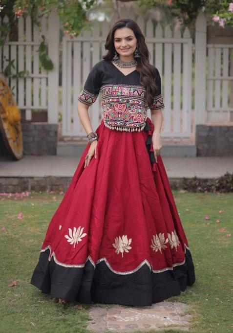 Maroon Embroidered Roman Chaniya Choli Set For Navratri And Garba