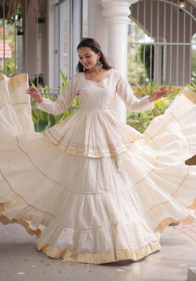 Off White Lace Work Cotton Lehenga Set