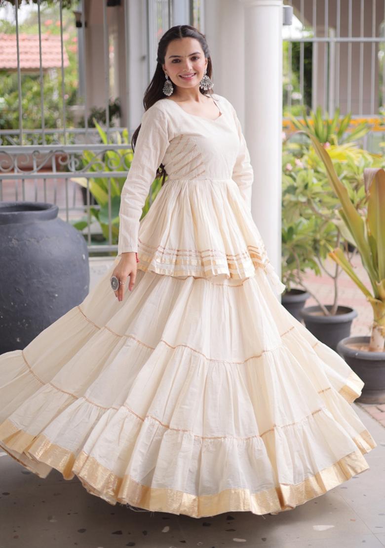 Off White Lace Work Cotton Lehenga Set - Indya