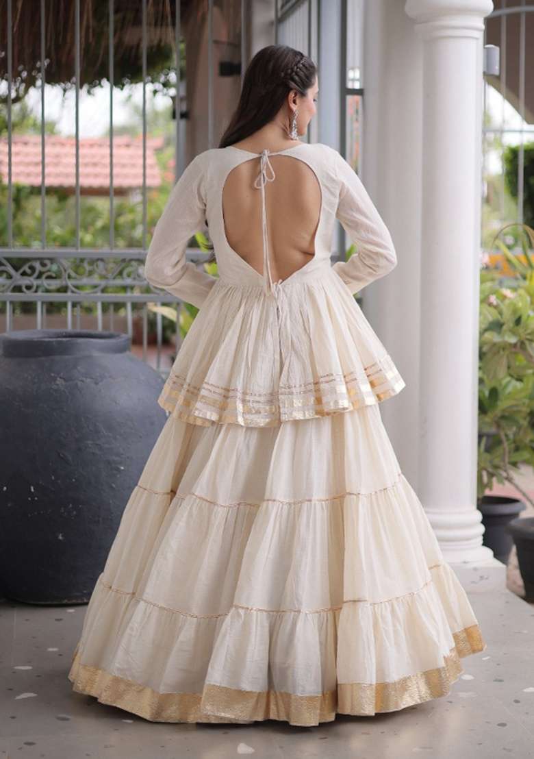 Off White Lace Work Cotton Chaniya Choli Set For Navratri And Garba - Indya