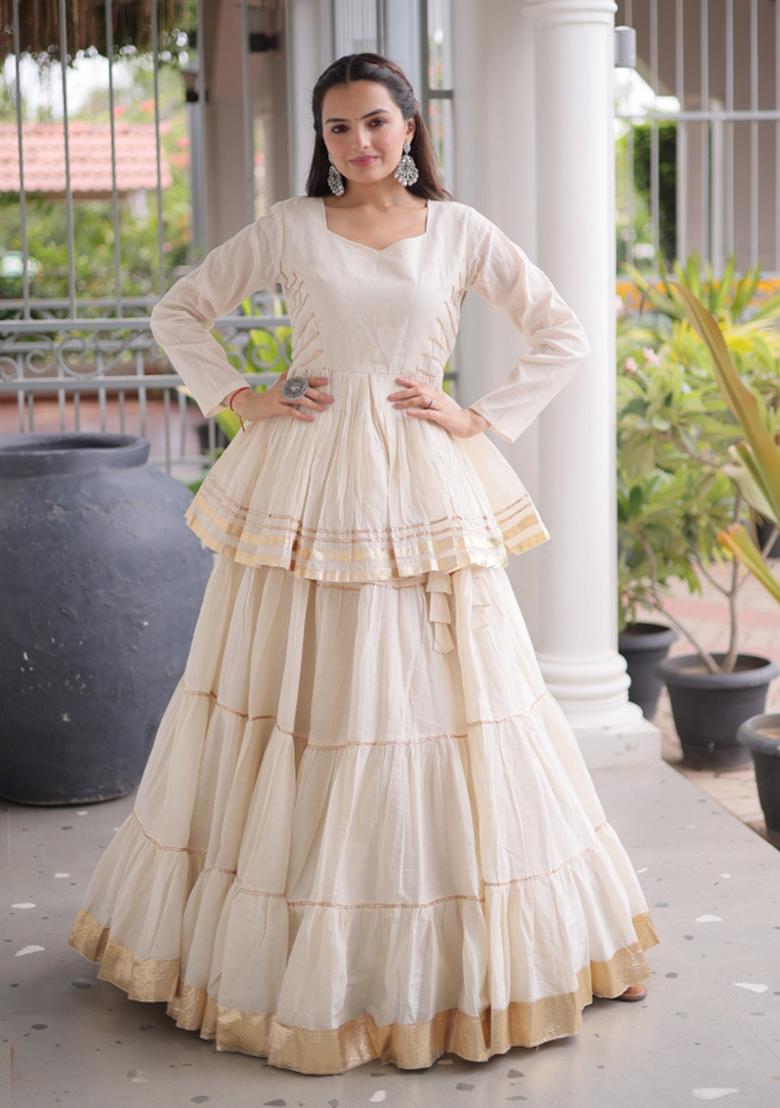 Off White Lace Work Cotton Lehenga Set - Indya