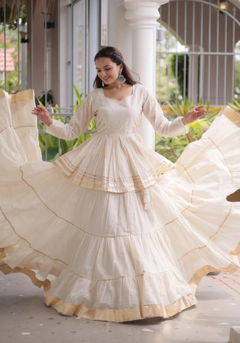Off White Lace Work Cotton Chaniya Choli Set For Navratri And Garba