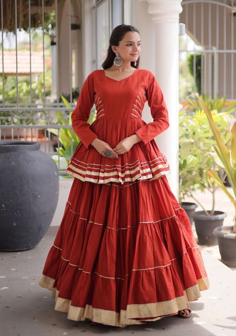 Rust Orange Lace Work Cotton Chaniya Choli Set For Navratri And Garba - Indya