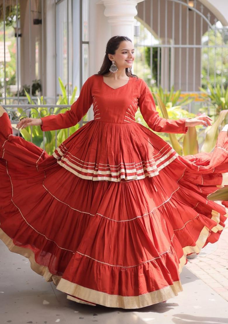 Rust Orange Lace Work Cotton Lehenga Set - Indya