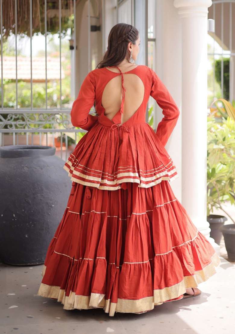 Rust Orange Lace Work Cotton Chaniya Choli Set For Navratri And Garba - Indya