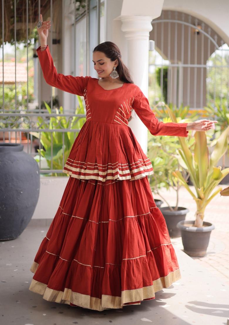 Rust Orange Lace Work Cotton Lehenga Set - Indya