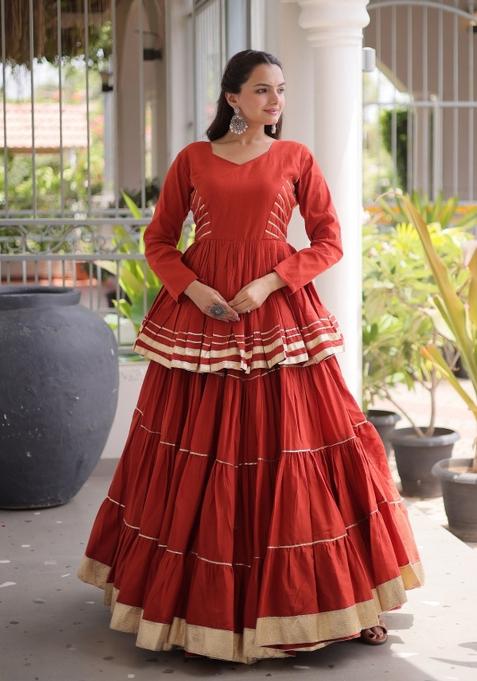 Rust Orange Lace Work Cotton Chaniya Choli Set For Navratri And Garba