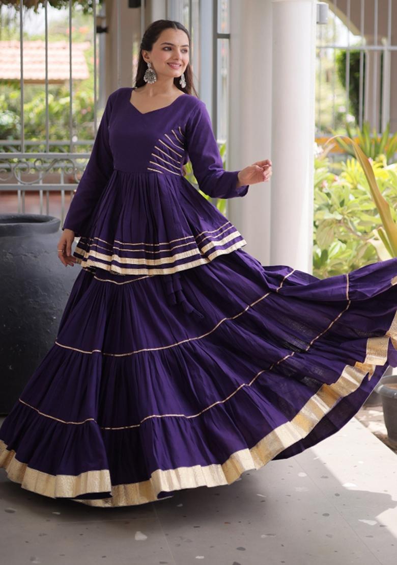 Royal Purple Lace Work Cotton Lehenga Set - Indya