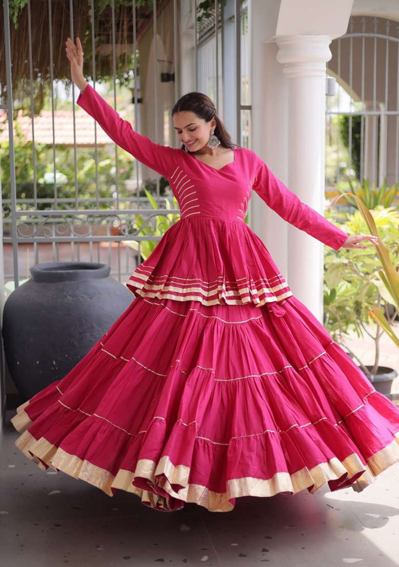 Pink Lace Work Cotton Chaniya Choli Set For Navratri And Garba - Indya